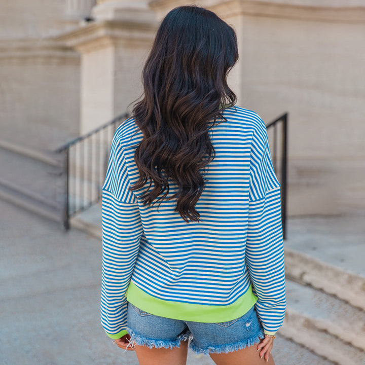 Women's Casual Striped Long Sleeve Shirt with Contrast Colored Hem & Loose Fit Mune Fashion