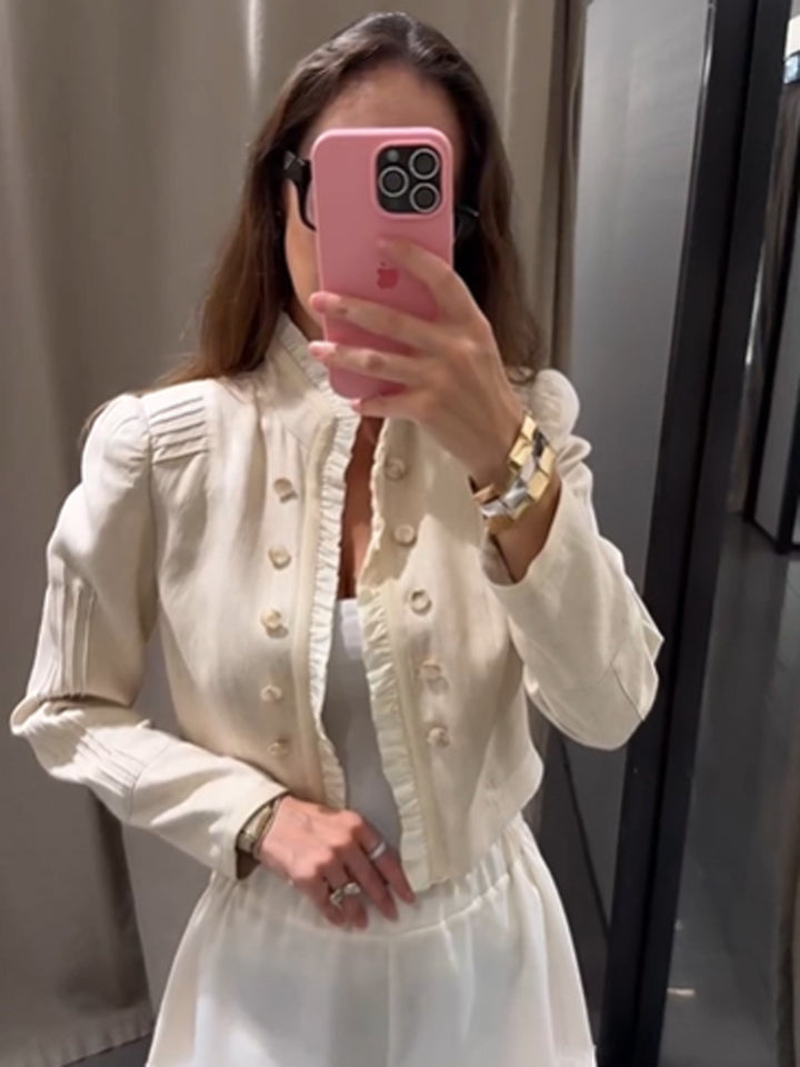 Women's cropped jacket with ruffle trim, puff sleeves, and double-breasted button placket Mune Fashion