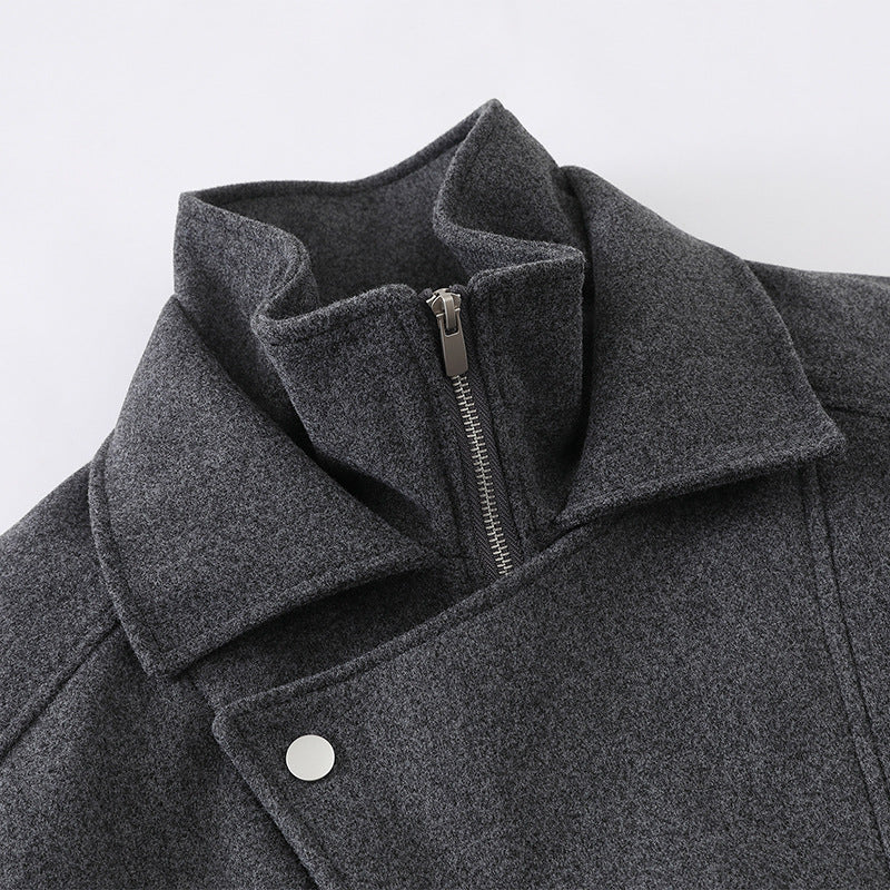 Men's Boxy Wool Blend Blouson Jacket with Asymmetric Double Fastening and High Stand-Up Collar Mune Fashion