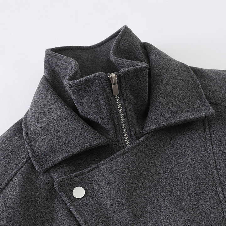 Men's Boxy Wool Blend Blouson Jacket with Asymmetric Double Fastening and High Stand-Up Collar Mune Fashion