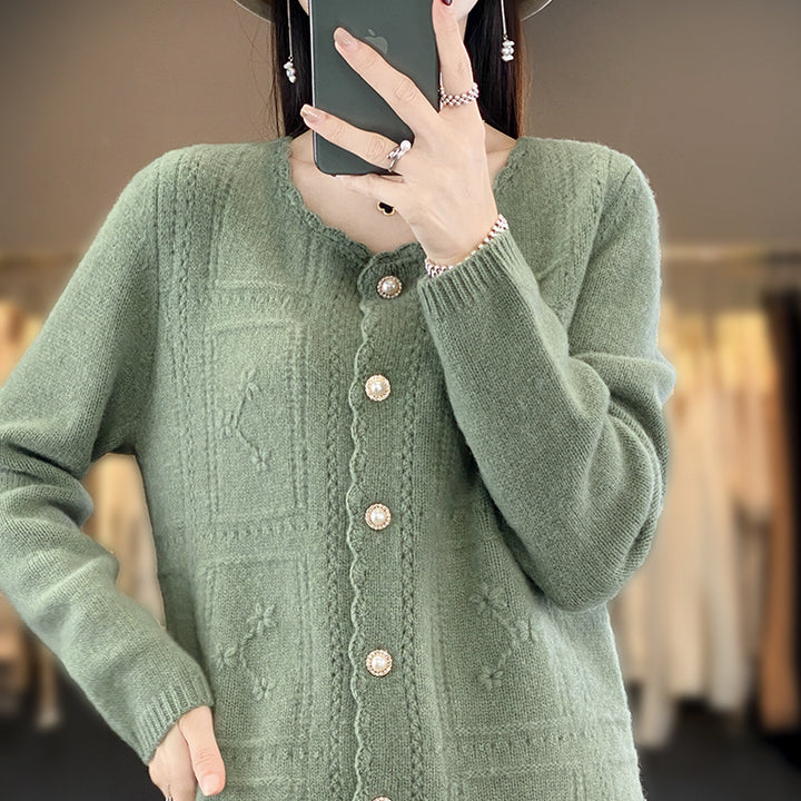 Ladies Embellished Knit Cardigan with Pearl Buttons and Openwork Embroidery Mune Fashion