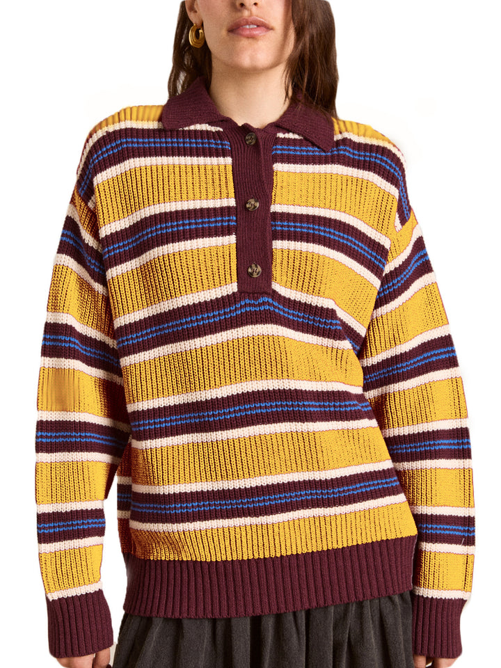 Women’s Oversize Knit Sweater with Polo Collar & Multi-layered Stripe Relief Mune Fashion