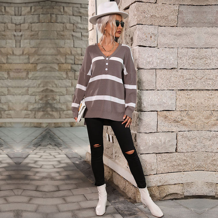 Women's Oversized V-Neck Knit Sweater with Button Placket and Block Stripes Mune Fashion