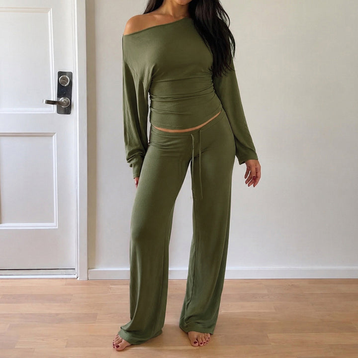 Women's Lounge Set with Off-Shoulder Stretch Top and Wide Drawstring Pants Mune Fashion