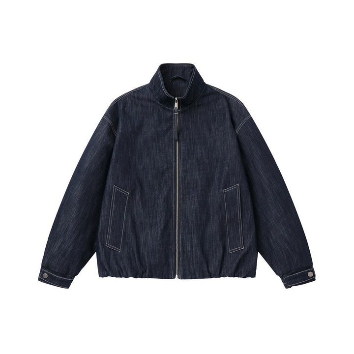 Men's Boxy Denim Blouson with high stand-up collar, visible contrast stitching and elastic hem.