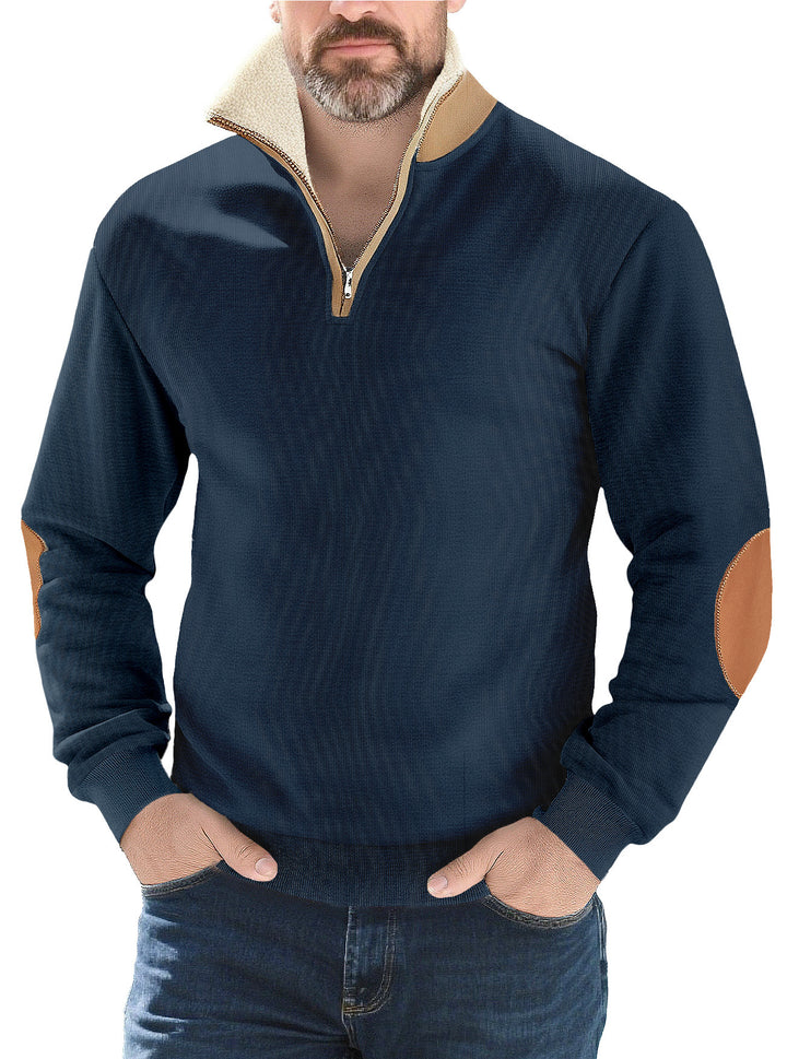 Men's structured knit half-zip pullover with warming sherpa collar and velour elbow patches Mune Fashion