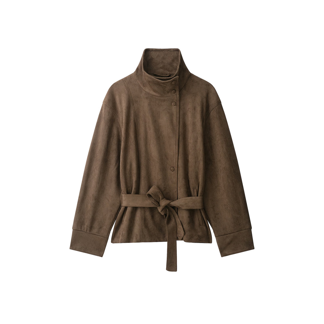 Women's Short Suede Jacket with High Stand Collar and Tie Belt Mune Fashion
