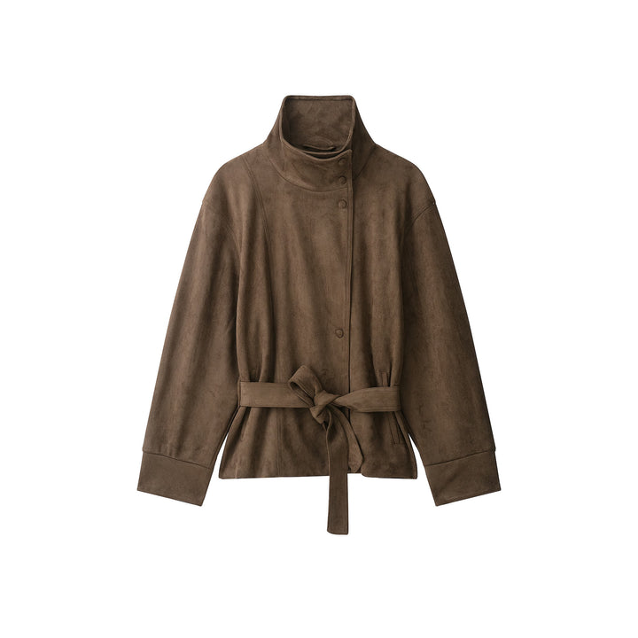 Women's Short Suede Jacket with High Stand Collar and Tie Belt Mune Fashion