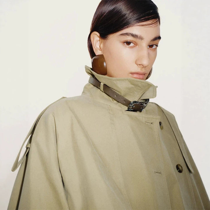 Women Short Boxy Trench Coat with Wide Lapels, Shoulder Straps and Adjustable Cuffs Mune Fashion
