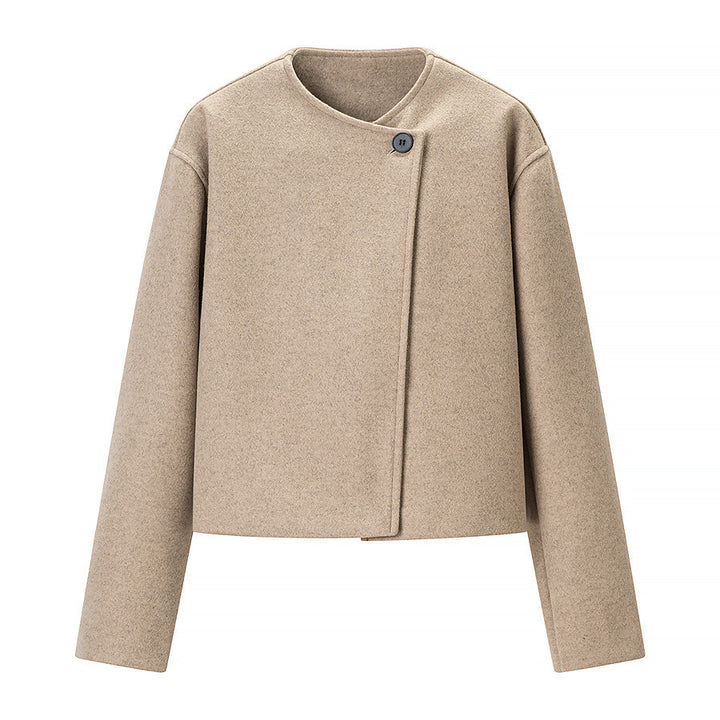 Women Short-Cut Wool Boxy Jacket with Asymmetrical Button Placket Mune Fashion
