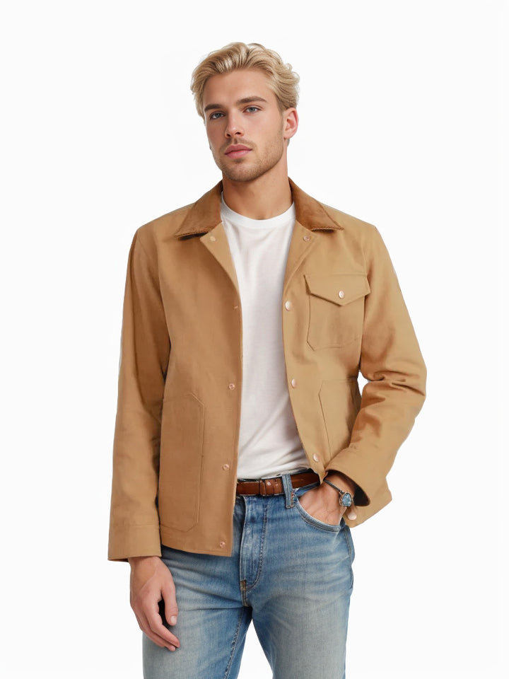 Men's robust canvas chore jacket with cord collar and applied patch pockets Mune Fashion