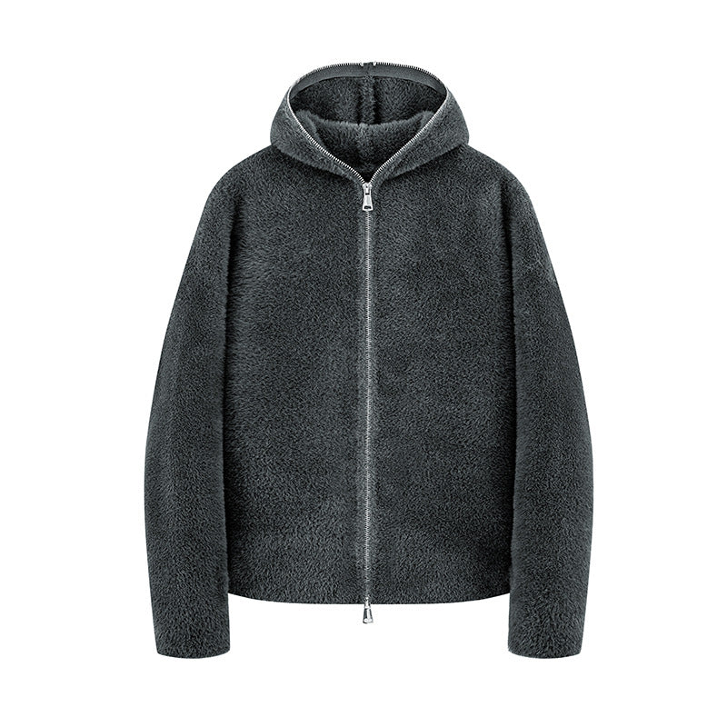 Women's short cut teddy fleece hooded jacket with metal zipper Mune Fashion