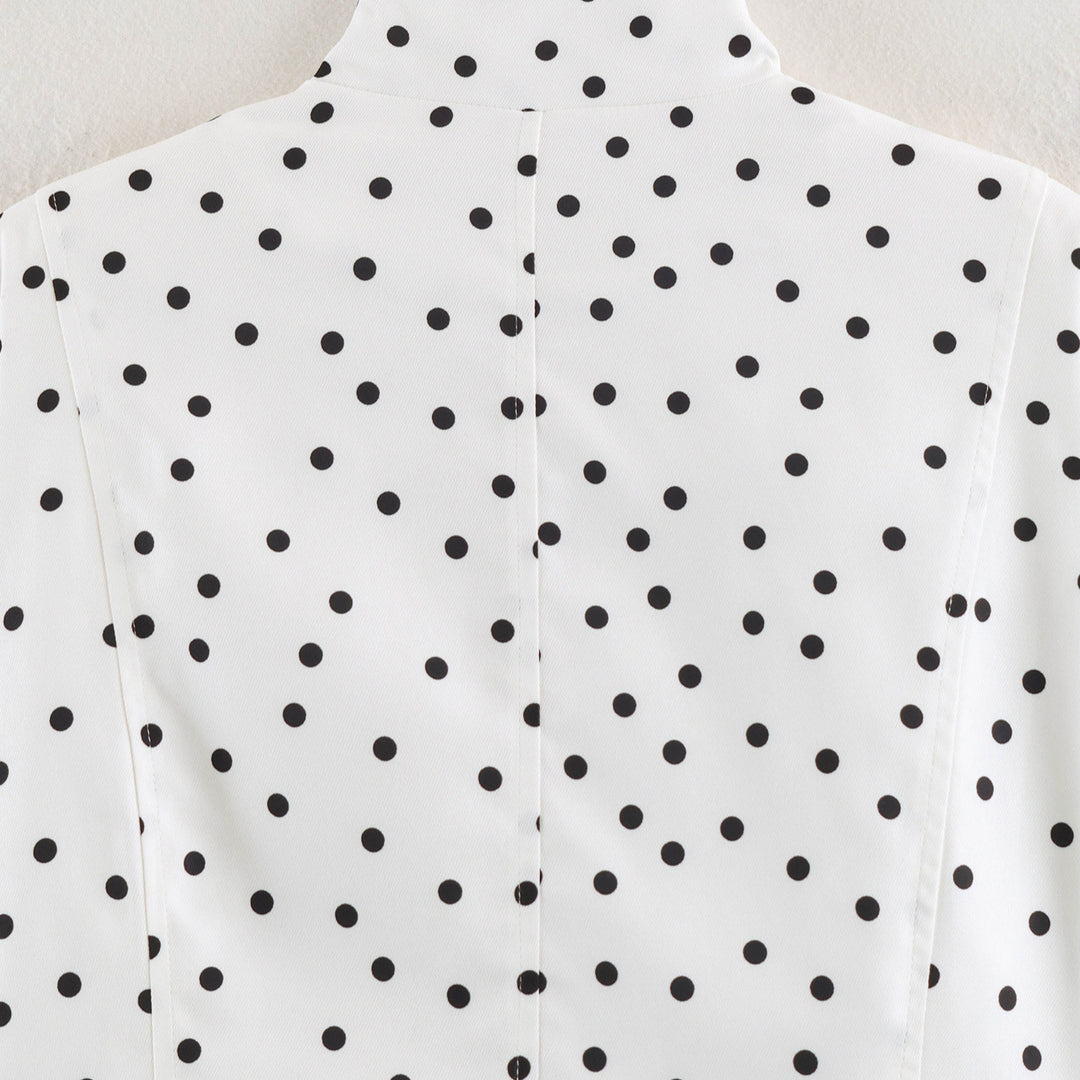 Women's Polka Dot Cropped Blouse with Stand Collar and Concealed Button Placket Mune Fashion