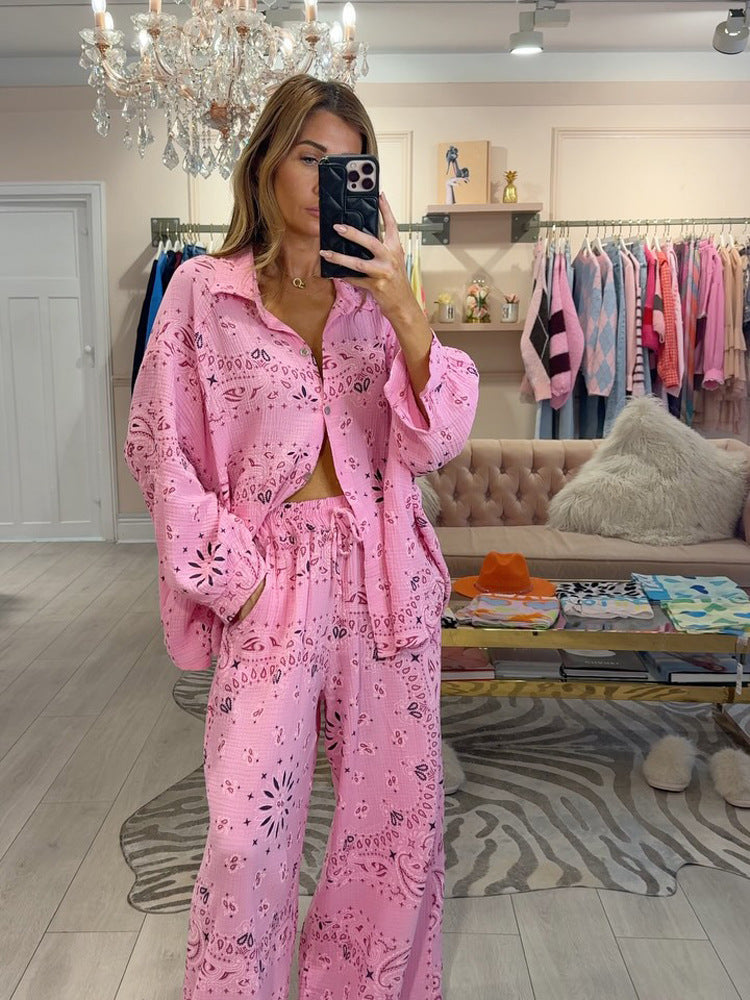 Women's airy lace embroidery beach two-piece set with oversized shirt, chest pocket, and wide palazzo pants Mune Fashion