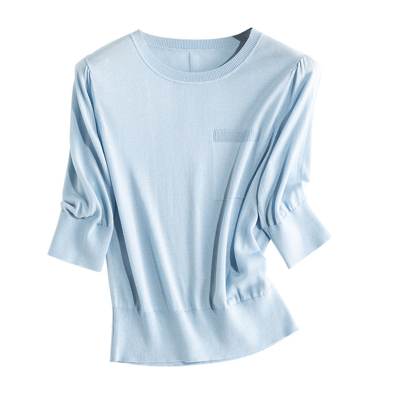 Women's fine knit top with 3/4 balloon sleeves, ribbed hem and chest piping Mune Fashion