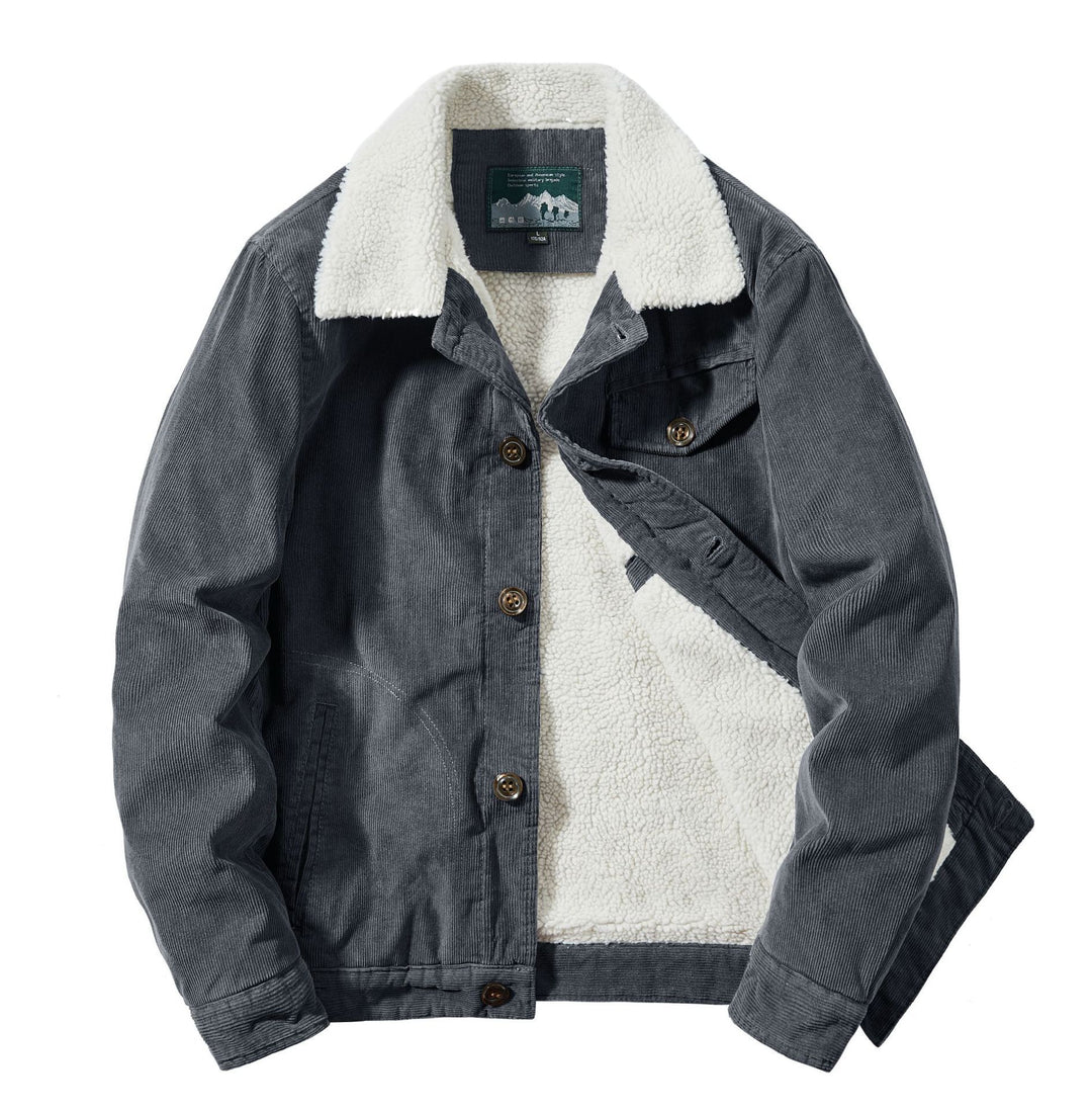 Men's Cord Trucker Jacket with Continuous Sherpa Lining and Shirt Collar Mune Fashion