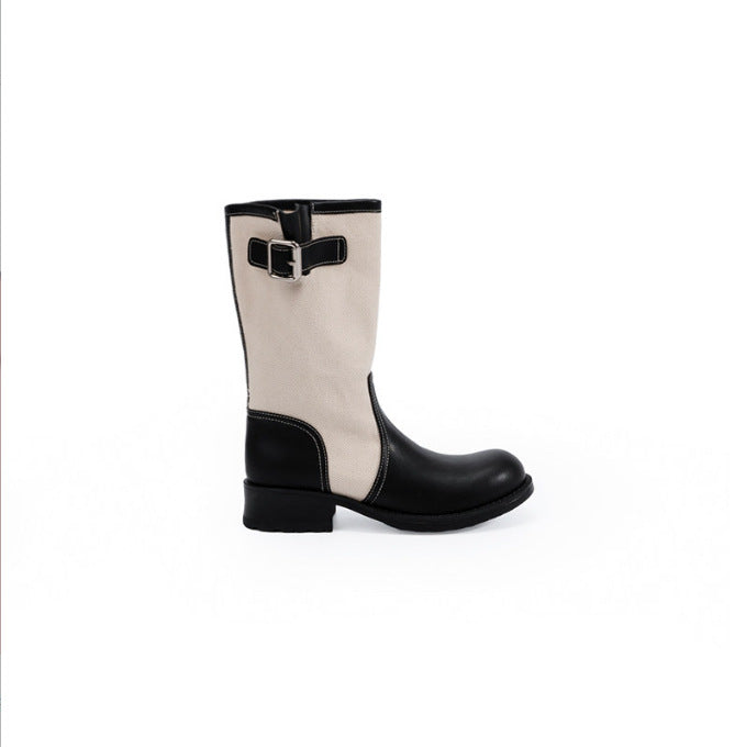 Women Leather-Linen Mid-Calf Boots with Buckle Straps Mune Fashion