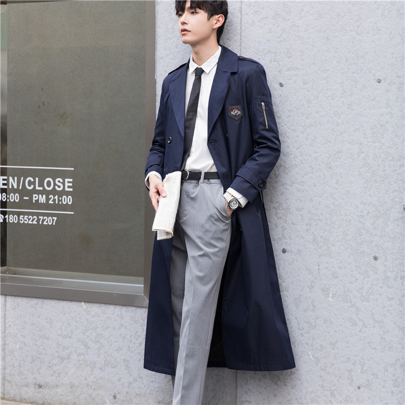 Men's Long Tailored Trench Coat Jacket with Zip Arm Pocket, Wind and Water Resistant Mune Fashion