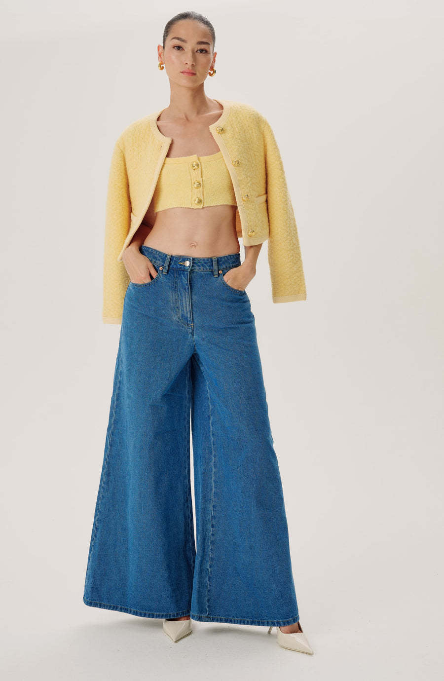 Women high-waisted Palazzo denim jeans with emphasized center seam and extra wide hem Mune Fashion