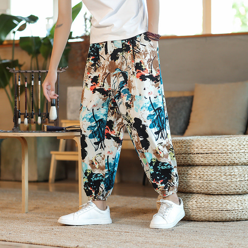 Men's Wide Harem Pants in Boho Print with Elastic Drawstring and Ruffled Anklebands Mune Fashion