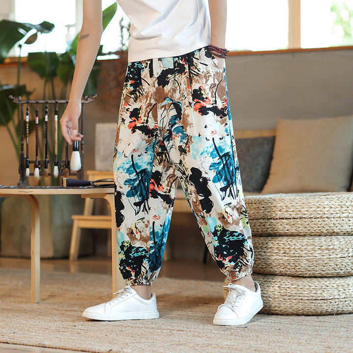 Men's Wide Harem Pants in Boho Print with Elastic Drawstring and Ruffled Anklebands Mune Fashion