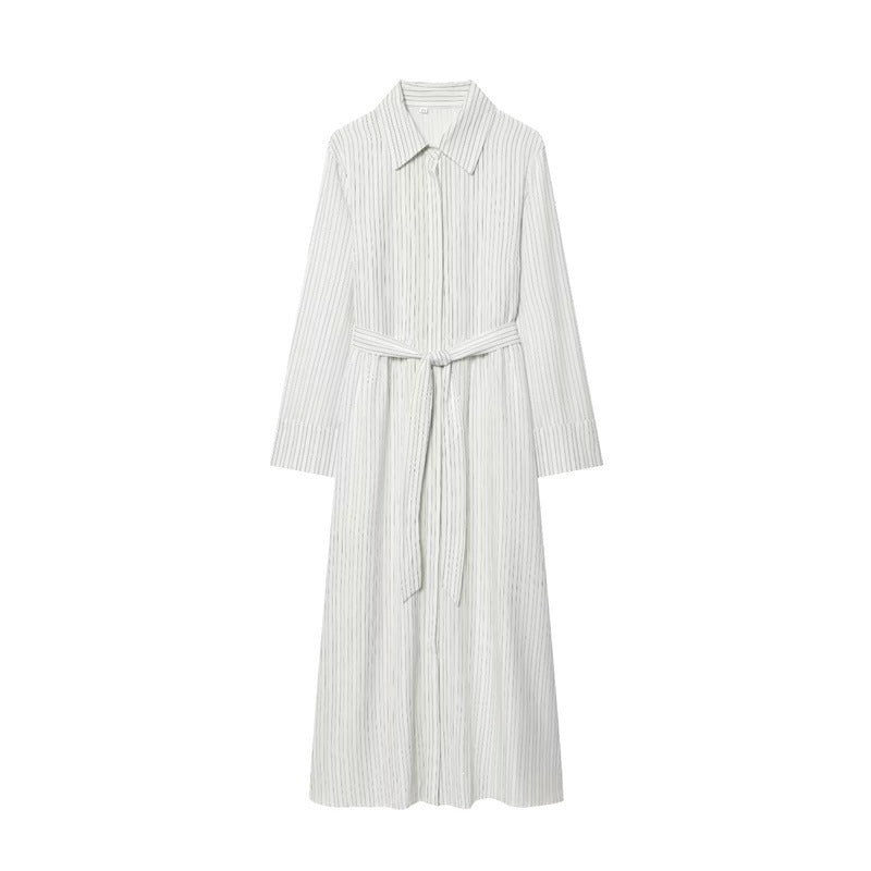 Women Long Shirt Dress with Waist Belt and Continuous Button Placket Mune Fashion