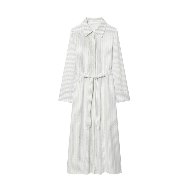 Women Long Shirt Dress with Waist Belt and Continuous Button Placket Mune Fashion