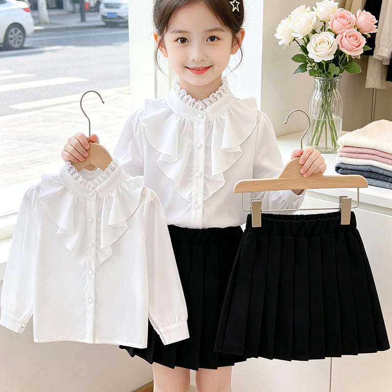 Girls elegant ruffle blouse with collar and matching pleated skirt Mune Fashion