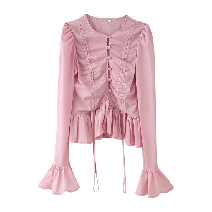 Women's Ruffle Blouse with Drawstring, Gathered Placket and Flounce Hem Mune Fashion