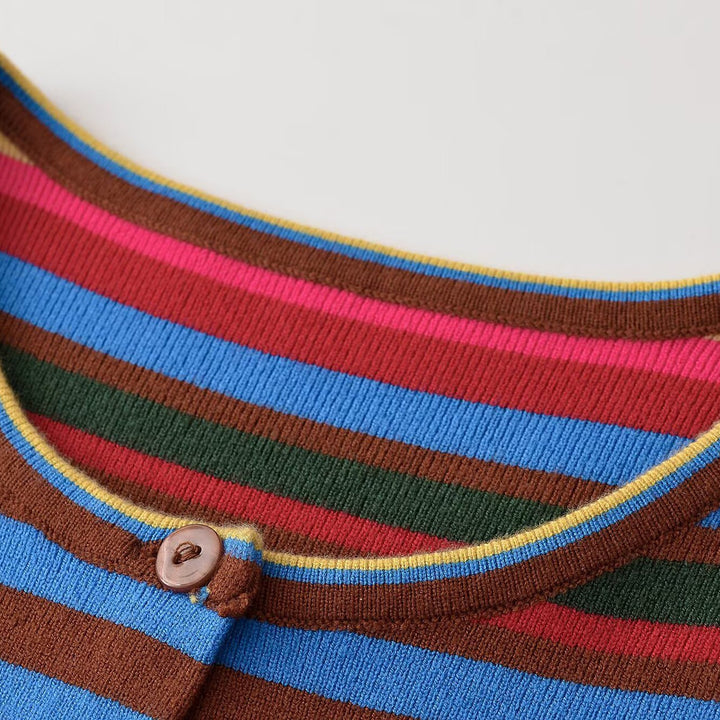 Women's finely knitted round neck cardigan with colorful stripes and mother-of-pearl buttons Mune Fashion