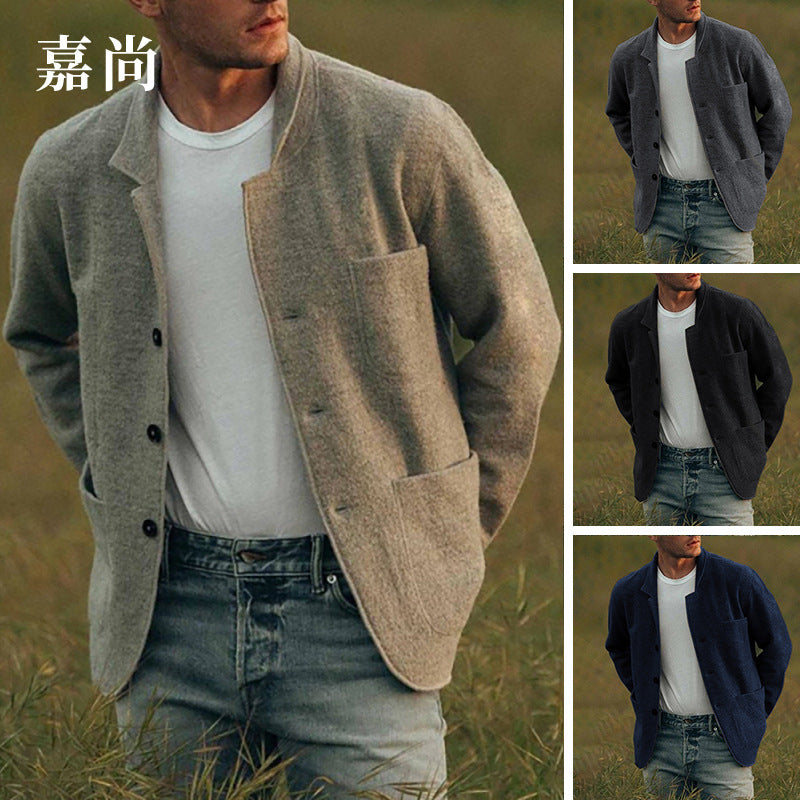 Men's Unstructured Wool-Blend Cardigan Blazer with Button Placket and Patch Pockets Mune Fashion