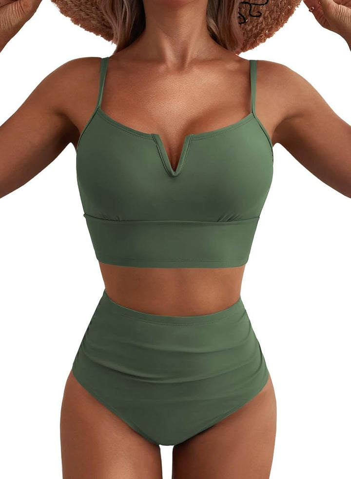 Women's High-Waisted Bikini Set with V-Neck and Wide Straps Mune Fashion