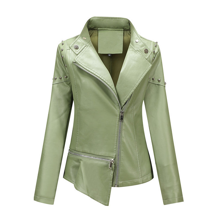 Women Asymmetrical Faux Leather Biker Jacket with Studs & Asymmetrical Zipper Mune Fashion