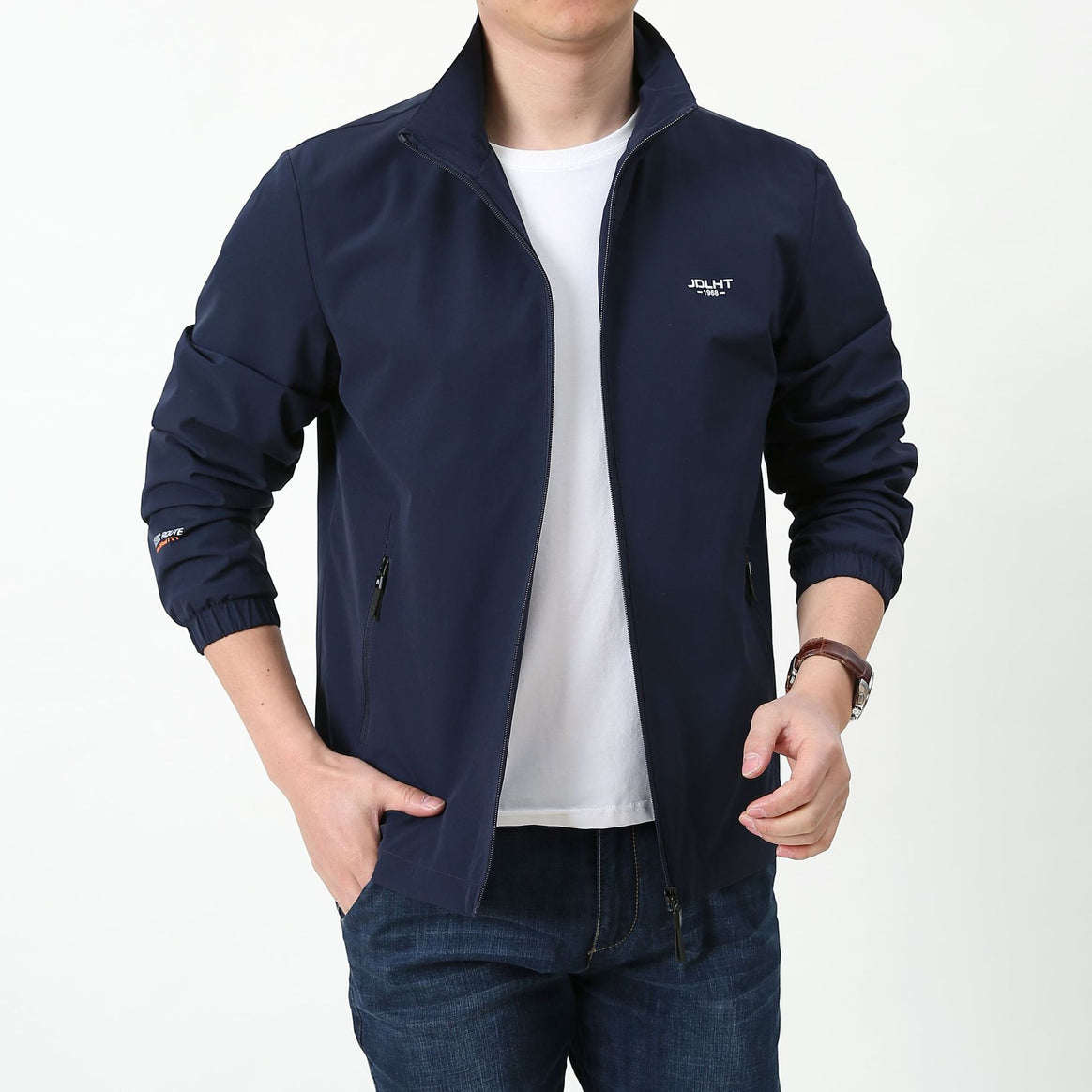 Men's Lightweight Windproof Zip-Up Blouson Jacket with Stand-Up Collar and Elastic Cuffs Mune Fashion