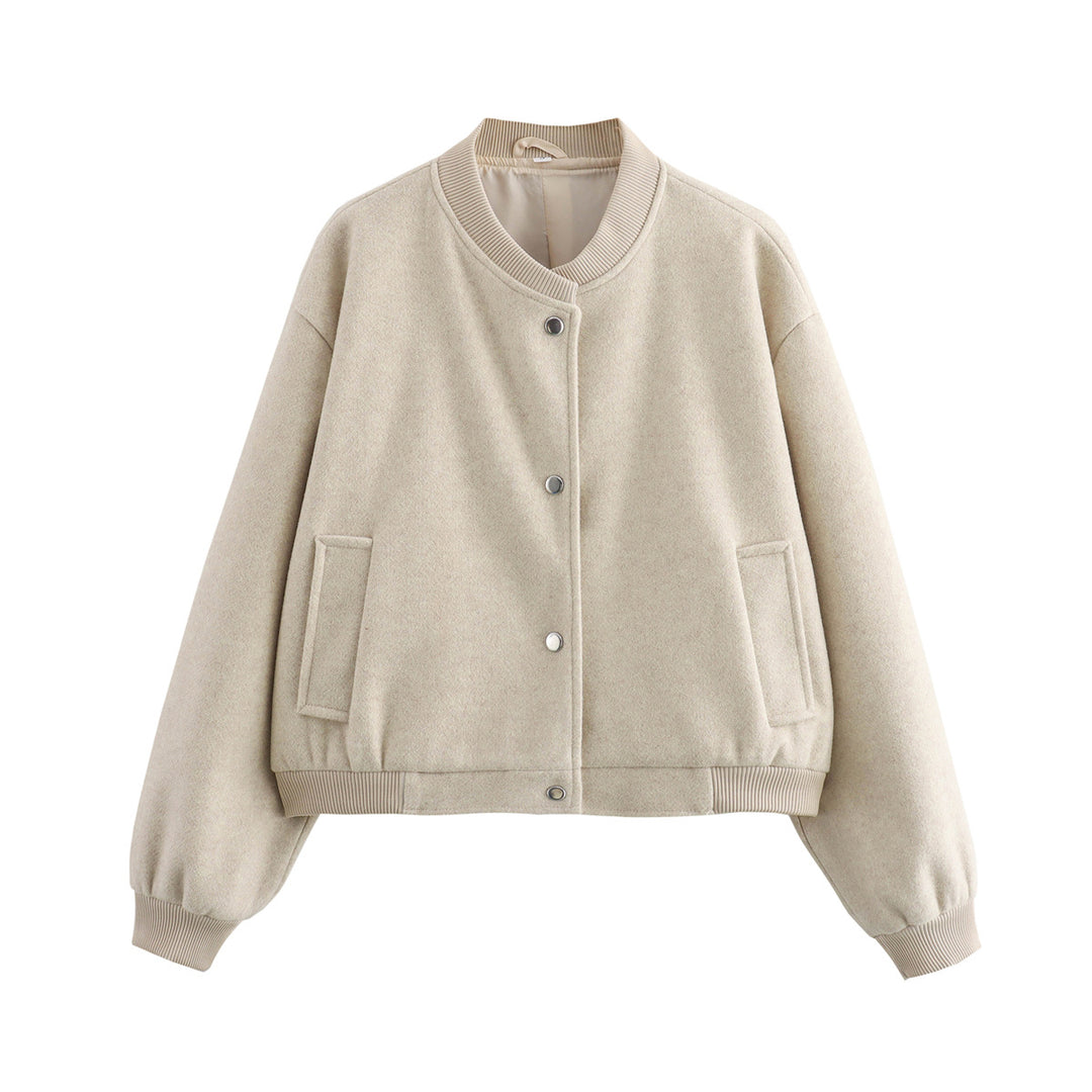Women’s Oversized Bomber Jacket in Wool Blend with Snap Closure and Ribbed Hem Mune Fashion