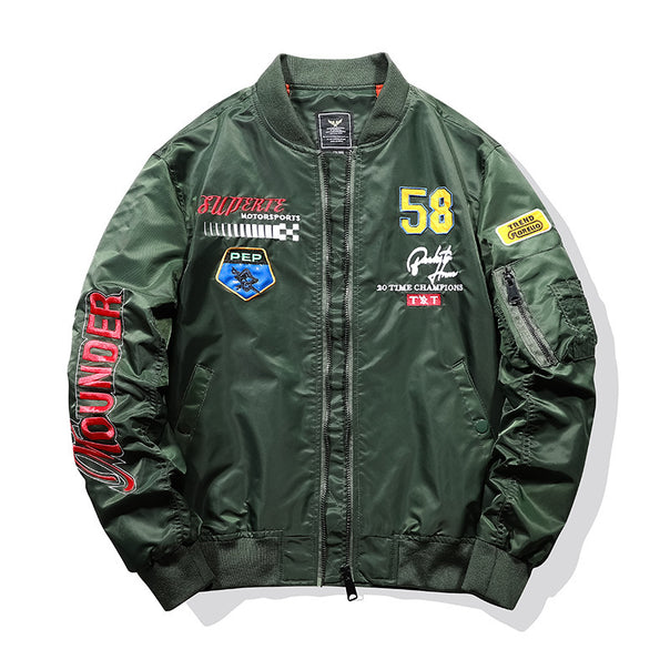 Men's utility bomber jacket in pilot style with sleeve pockets and embroidered patches Mune Fashion