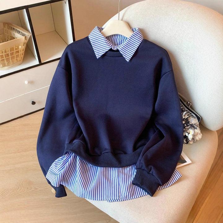 Women sweatshirt with integrated shirt collar and peplum detail Mune Fashion