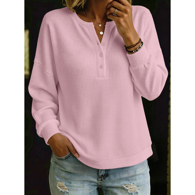 Women's Waffle Knit Henley Sweater with Oversized Cut Mune Fashion