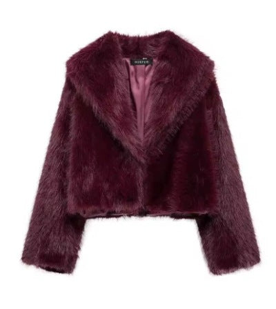 Women Short Cropped Faux Fur Blouson with Voluminous Shawl Collar and Soft Inner Lining Mune Fashion