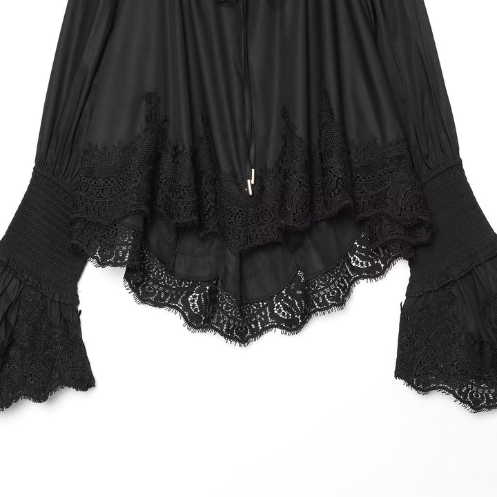 Ladies Romantic Blouse with Ruffle Collar, Bell Sleeves and Lace Trim Mune Fashion
