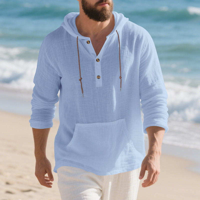 Men's lightweight hooded henley made of linen-cotton blend with kangaroo pocket and button placket Mune Fashion