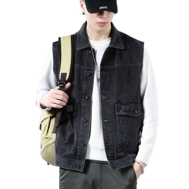 Men's Sleeveless Jeans Work Vest with Flap Pockets and Boxy Fit Mune Fashion