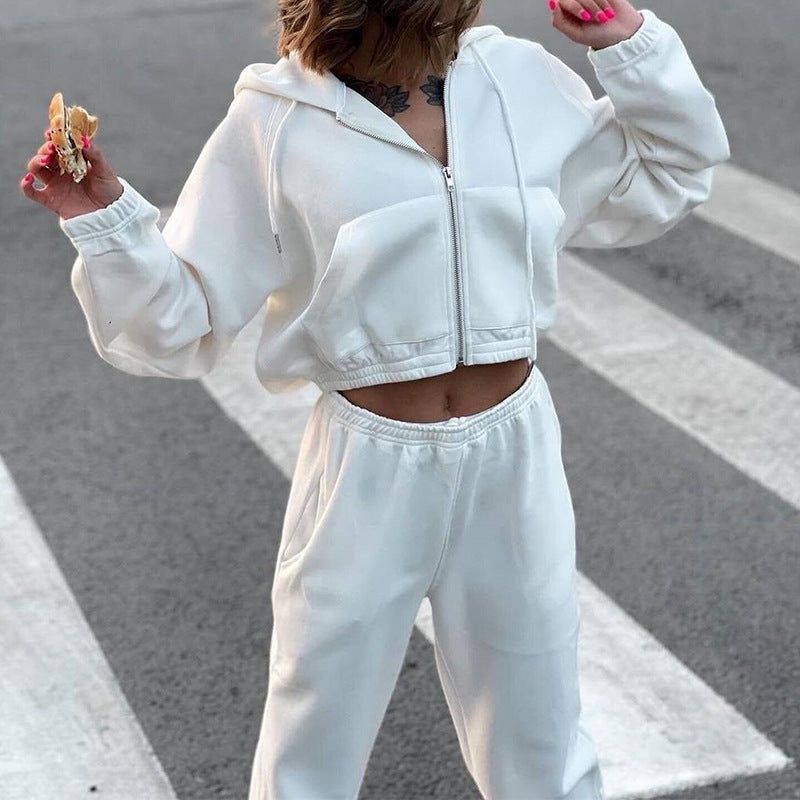 Women Cropped Zip Hoodie with Elastic High-Waist Jogging Pants Mune Fashion