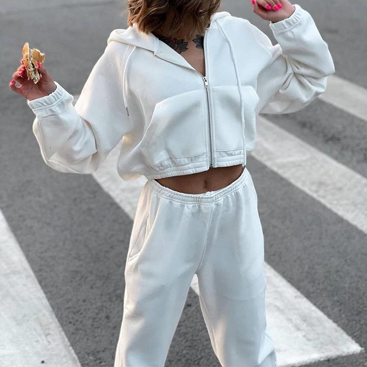 Women Cropped Zip Hoodie with Elastic High-Waist Jogging Pants Mune Fashion