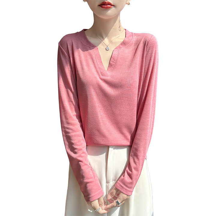 Women's Long-Sleeved Fine Knit Shirt with Slit V-Neck Mune Fashion