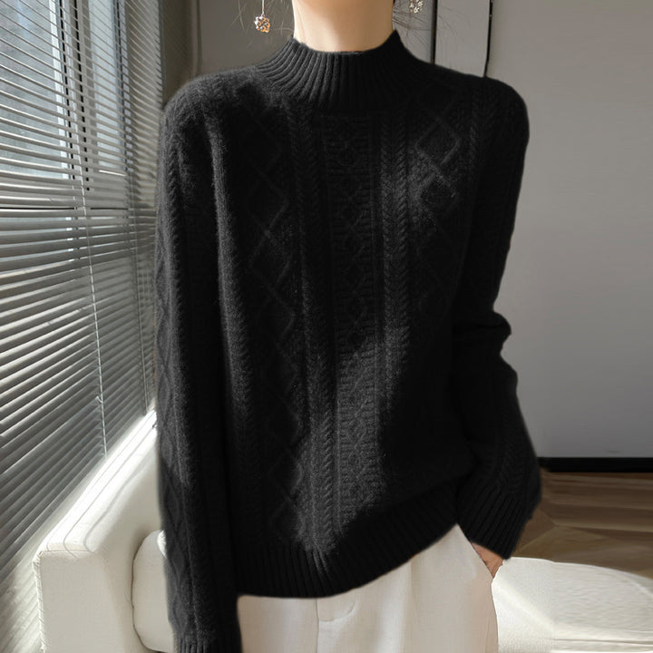 Women Cozy Mohair-Optic Mock Neck Sweater with Diamond Cable Structure and Boxy Silhouette Mune Fashion
