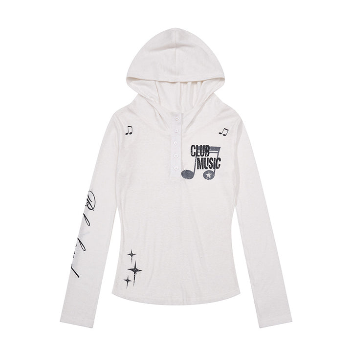 Women's Lightweight Long Sleeve Hoodie Henley Shirt with Button Placket, Hood and Music Print Mune Fashion