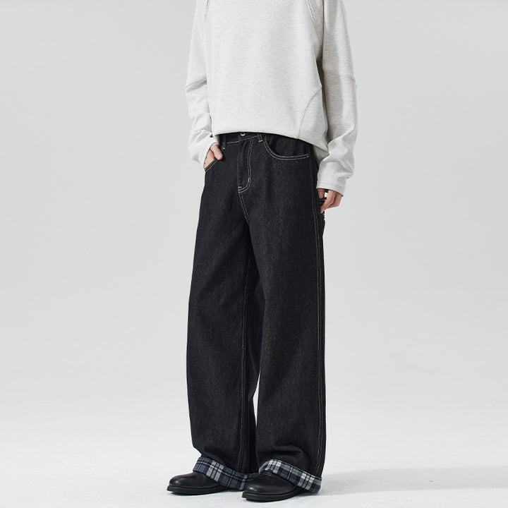 Men's Extra Wide Denim Palazzo Jeans with Cuffed Plaid Cuff and Visible Seam Mune Fashion