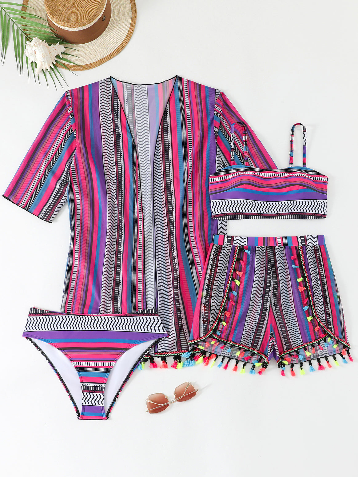Women's bikini set with trendy beach kimono and colorful tassels Mune Fashion