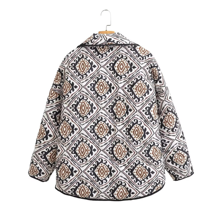 Women's Padded Kimono Quilted Jacket with Ethno Print and Contrast Piping Mune Fashion